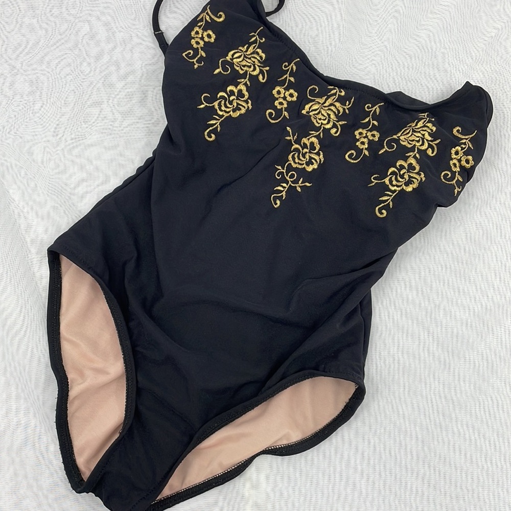 Vintage 90’s Carol Wior Black & Gold Embroidered One-Piece Swimsuit Size 10